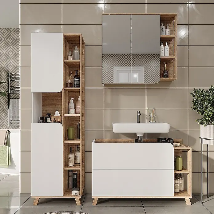 Vicco Badmöbel-Set Karen Sonoma/Weiß 3 Teile - Sonoma, Matt - Modernes Badmöbelset aus Weiß und hellem Holz: Hochschrank, Waschtisch mit Waschbecken und Spiegelschrank.