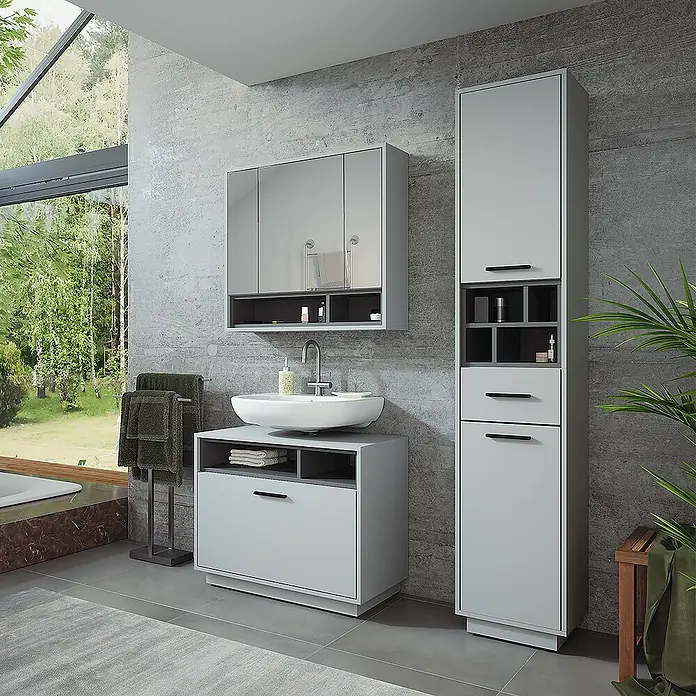 Vicco Badmöbel-Set Beatrice Grau/Anthrazit 3 Teile mit Hochschrank - Grau, Matt - Helles graues Badmöbel-Set mit Waschtisch, Spiegelschrank und hohem Schrank in einem modernen Bad.