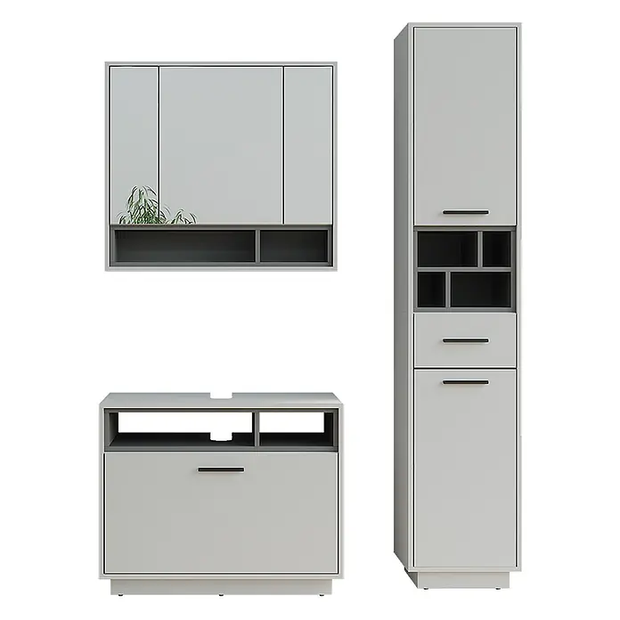 Vicco Badmöbel-Set Beatrice Grau/Anthrazit 3 Teile mit Hochschrank - Grau, Matt - Hellesgraues modulares Stauraummöbelset mit Schränken, Schubladen und offenen Fächern, mit dunkelgrauen Akzenten.