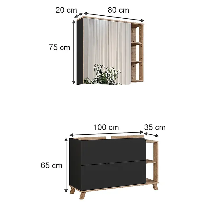 Vicco Badmöbel-Set Karen Sonoma/Anthrazit 2 Teile - Sonoma, Matt - Schwarz-holzfarbener Spiegelschrank (80x20x75 cm) und passende Kommode (100x35x65 cm) mit Regalen.