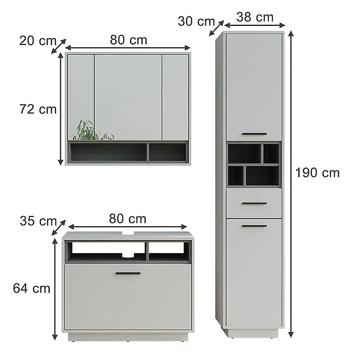 Vicco Badmöbel-Set Beatrice Grau/Anthrazit 3 Teile mit Hochschrank - Grau, Matt - Set aus modernen hellgrauen und dunkelgrauen Möbeln, bestehend aus Hängeschrank, TV-Schrank und Hochschrank, mit Maßangaben.