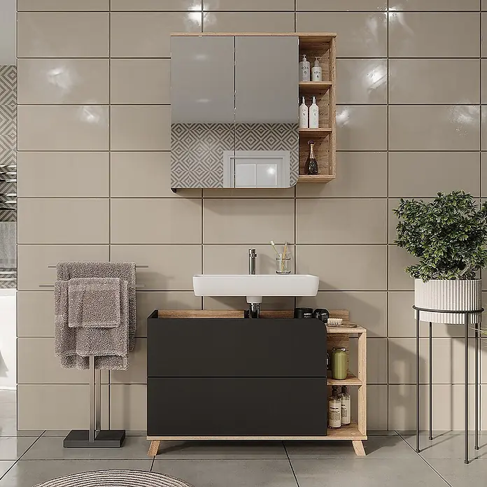 Vicco Badmöbel-Set Karen Sonoma/Anthrazit 2 Teile - Sonoma, Matt - Moderner Waschtisch aus Schwarz und Holz mit weißem Waschbecken und passendem Spiegelschrank mit offenen Regalen im Bad.