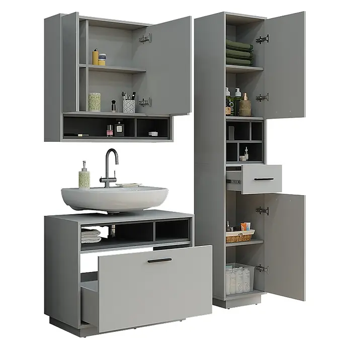 Vicco Badmöbel-Set Beatrice Grau/Anthrazit 3 Teile mit Hochschrank - Grau, Matt - Modernes graues Badmöbel-Set mit Waschbecken, Wandschränken und Hochschränken, mit offenem und geschlossenem Stauraum.