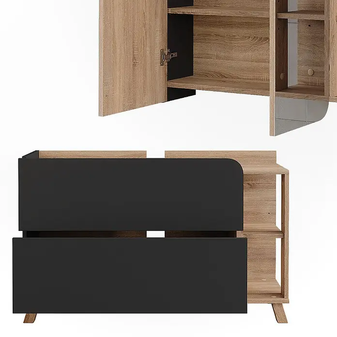 Vicco Badmöbel-Set Karen Sonoma/Anthrazit 2 Teile - Sonoma, Matt - Modernes Badezimmerschrank-Set in hellem Holz und Schwarz mit Schubladen und offenen Regalen.