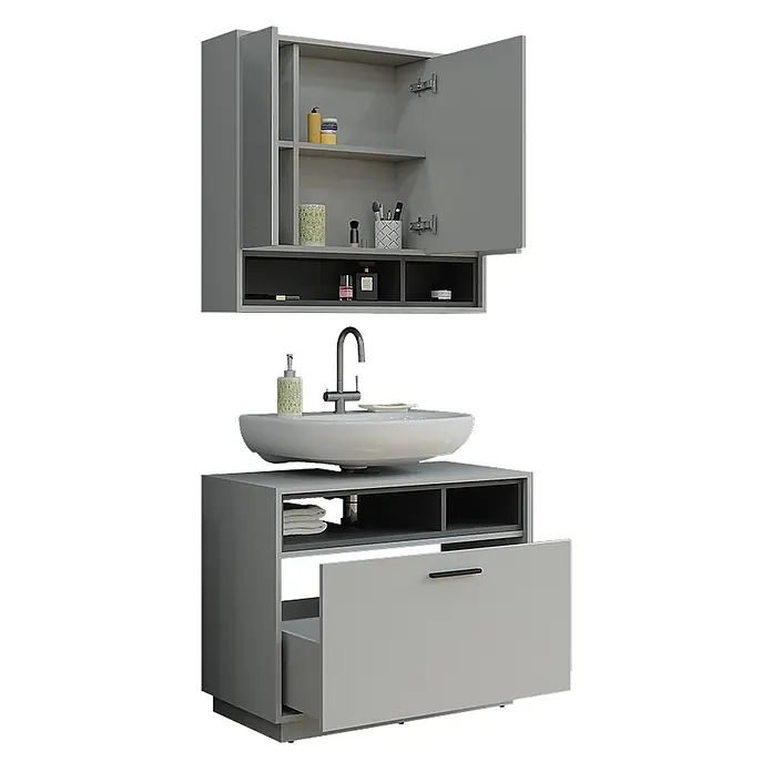 Vicco Badmöbel-Set Beatrice Grau/Anthrazit 2 Teile - Grau, Matt - Moderne graue Badmöbel mit Waschbecken und Spiegelschrank. Offene Regale und Schublade.