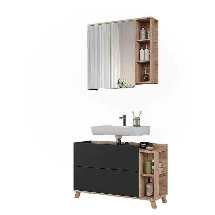 Vicco Badmöbel-Set Karen Sonoma/Anthrazit 2 Teile - Sonoma, Matt - Moderner Badezimmer-Waschtisch in Schwarz und Holz mit Waschbecken, offenen Regalen und passendem Spiegelschrank.