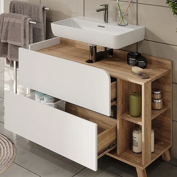 Vicco Badmöbel-Set Karen Sonoma/Weiß 3 Teile - Sonoma, Matt - Weißes Waschbecken und Unterschrank mit zwei Schubladen, hellem Holzkorpus und offenen Regalen im Badezimmer.