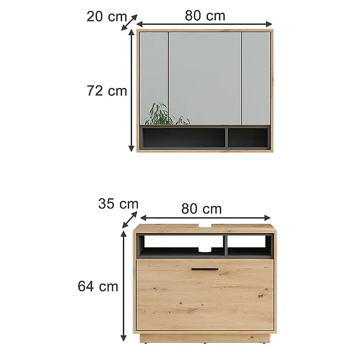 Vicco Badmöbel-Set Beatrice Artisan Eiche/Anthrazit 2 Teile - Artisan-Eiche, Matt - Hellholz-dunkelgraues zweiteiliges Medienmöbel: Wandschrank (80x72x20cm) & TV-Lowboard (80x64x35cm) mit Stauraum.