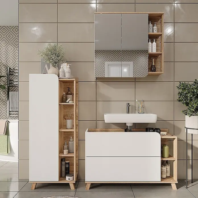 Vicco Badmöbel-Set Karen Sonoma/Weiß 3 Teile - Sonoma, Matt - Badezimmermöbel-Set aus weißem und hellem Holz mit Waschbecken, Hochschrank und Spiegelschrank.