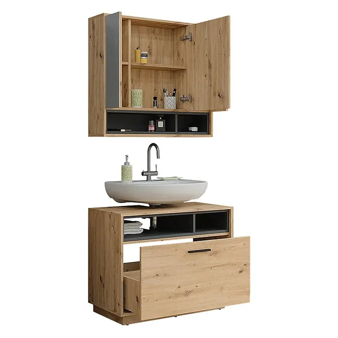 Vicco Badmöbel-Set Beatrice Artisan Eiche/Anthrazit 2 Teile - Artisan-Eiche, Matt - Badezimmermöbel-Set in heller Holzoptik mit anthrazitfarbenen Akzenten, bestehend aus Wandschrank und Waschtischunterschrank.