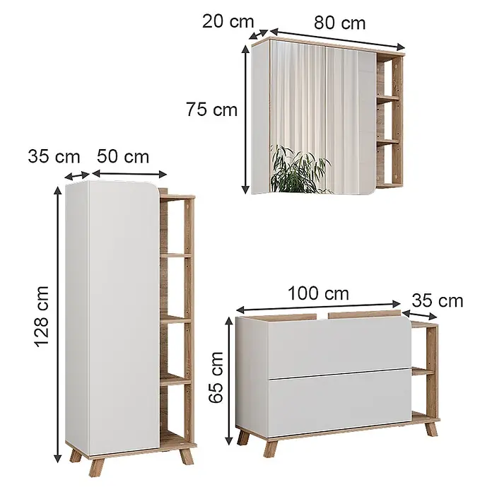 Vicco Badmöbel-Set Karen Sonoma/Weiß 3 Teile - Sonoma, Matt - Set aus drei weiß-holzfarbenen Möbelstücken: Hochschrank, Spiegelschrank und Kommode, mit Maßen dargestellt.