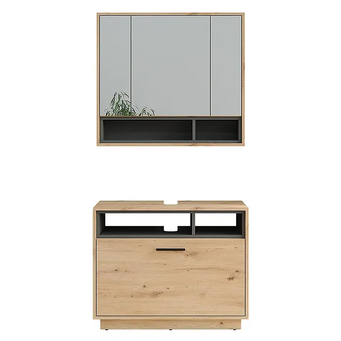 Vicco Badmöbel-Set Beatrice Artisan Eiche/Anthrazit 2 Teile - Artisan-Eiche, Matt - Badezimmermöbel-Set in Eichenoptik und Dunkelgrau, bestehend aus Spiegelschrank und Waschtischunterschrank mit Stauraum.