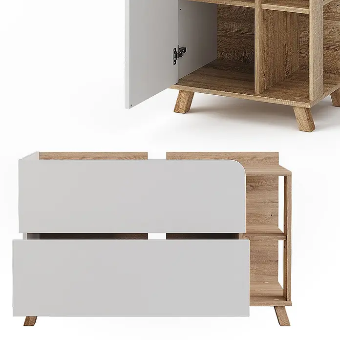 Vicco Badmöbel-Set Karen Sonoma/Weiß 3 Teile - Sonoma, Matt - Heller Holz- und weißer Stauraumschrank mit offenen Regalen, weißen Schubladen/Türen und schrägen Beinen.