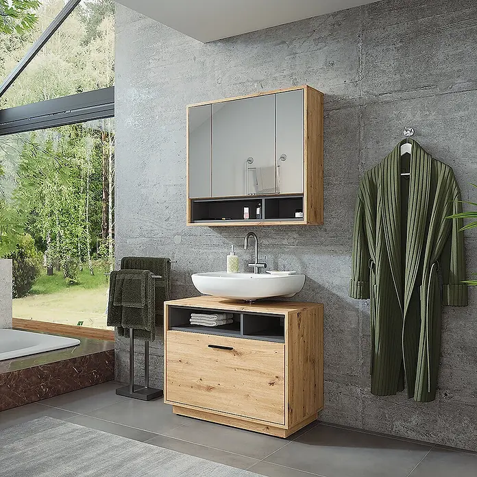 Vicco Badmöbel-Set Beatrice Artisan Eiche/Anthrazit 2 Teile - Artisan-Eiche, Matt - Modernes Badmöbelset in Holzoptik mit weißem Waschbecken, Spiegelschrank und integriertem Stauraum.