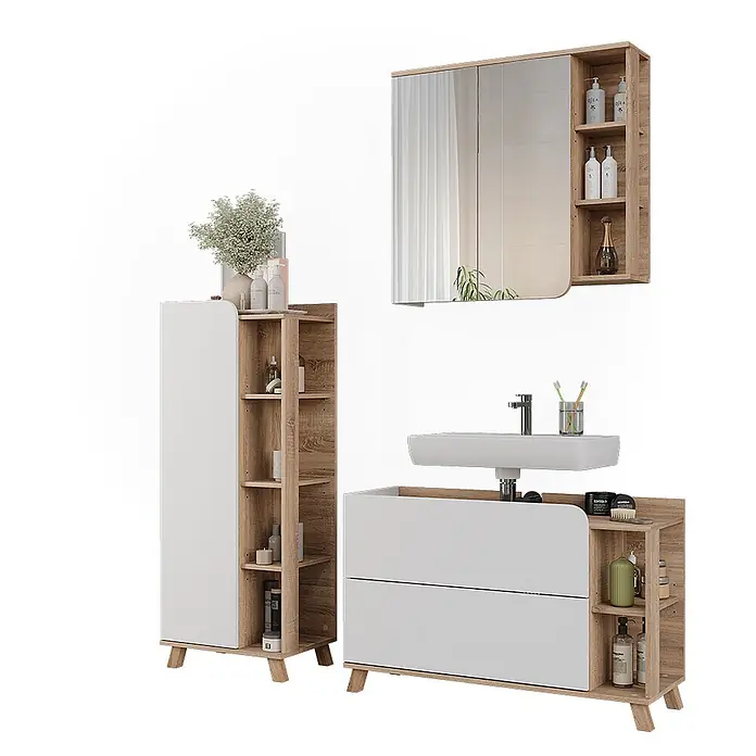 Vicco Badmöbel-Set Karen Sonoma/Weiß 3 Teile - Sonoma, Matt - Modernes Badmöbelset in heller Holzoptik und Weiß, bestehend aus Hochschrank, Waschtischunterschrank und Spiegelschrank mit offenen Fächern.