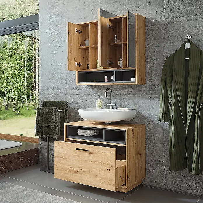 Vicco Badmöbel-Set Beatrice Artisan Eiche/Anthrazit 2 Teile - Artisan-Eiche, Matt - Helles Badmöbel-Set in Eichenoptik mit Waschbecken, offenem Schubkasten und passendem Spiegelschrank mit geöffneten Türen, akzentuiert durch Dunkelgrau.