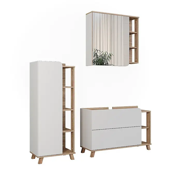 Vicco Badmöbel-Set Karen Sonoma/Weiß 3 Teile - Sonoma, Matt - Weiß-hellholzfarbenes Möbelset: Hochschrank, Kommode mit Schubladen und Wandspiegelkabinett, alle mit offenen Regalen.