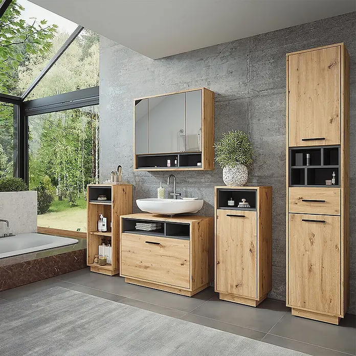 Vicco Badmöbel-Set Beatrice Artisan Eiche/Anthrazit 3 Teile mit Hochschrank - Artisan-Eiche, Matt - Modernes Badmöbelset aus hellem Holz mit dunkelgrauen Akzenten, bestehend aus Waschtischunterschrank, Spiegelschrank und Stauraumschränken.