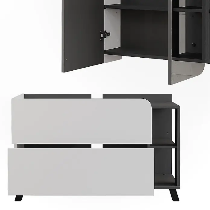 Vicco Badmöbel-Set Karen Anthrazit/Weiß 2 Teile - Anthrazit, Matt - Zweifarbiges (weiß und dunkelgrau) modulares Möbelset mit offenem Wandschrank und Unterschrank mit Schubladen und offenen Regalen.
