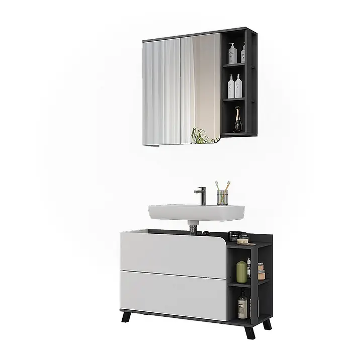 Vicco Badmöbel-Set Karen Anthrazit/Weiß 2 Teile - Anthrazit, Matt - Modernes Badezimmermöbel-Set in Weiß und Dunkelgrau mit Waschbecken, Spiegelschrank und integrierten offenen Regalen.
