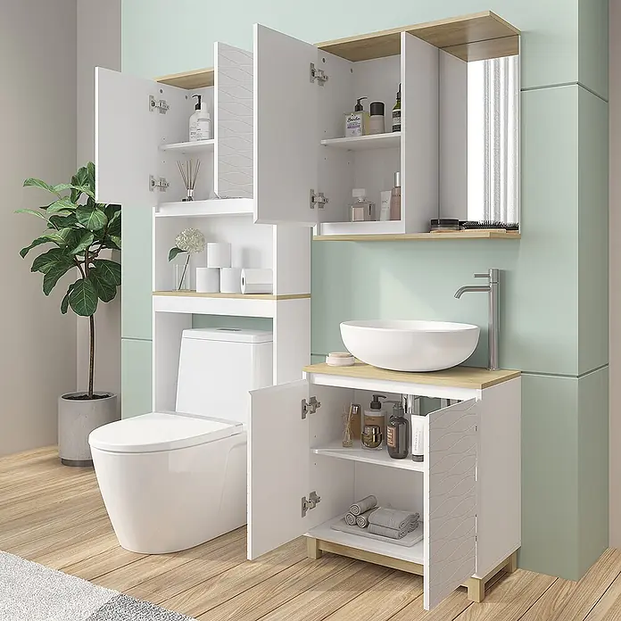 Vicco Badmöbel-Set Livia Weiß/Eiche 3 Teile - Weiß, Matt - Weißes Badmöbelset mit Holzdetails, inklusive Waschtischunterschrank mit Aufsatzwaschbecken, WC-Überbau und Wandschränken.