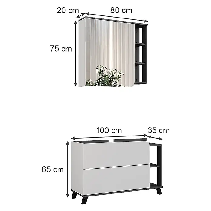 Vicco Badmöbel-Set Karen Anthrazit/Weiß 2 Teile - Anthrazit, Matt - Ein Set aus weißen und schwarzen Möbelstücken: ein verspiegelter Wandschrank mit offenen Regalen und ein passendes Sideboard mit Schubladen und Regalen.