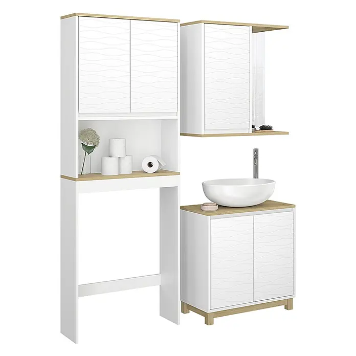 Vicco Badmöbel-Set Livia Weiß/Eiche 3 Teile - Weiß, Matt - Weißes Badezimmermöbel-Set mit heller Holzoptik, Über-WC-Schrank, Spiegelschrank und Waschtischunterschrank. Türen mit Wellenmuster.