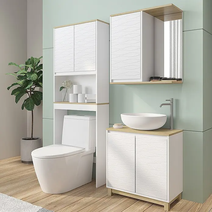 Vicco Badmöbel-Set Livia Weiß/Eiche 3 Teile - Weiß, Matt - Weißes Badmöbelset mit gewellten Türen und hellen Holzapplikationen: Über-WC-Schrank, Spiegelschrank und Waschtisch mit Waschbecken.