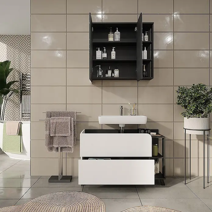 Vicco Badmöbel-Set Karen Anthrazit/Weiß 2 Teile - Anthrazit, Matt - Moderne weiße Badmöbel mit zwei Schubladen und integriertem Waschbecken, kombiniert mit einem schwarzen Wandschrank für Toilettenartikel.