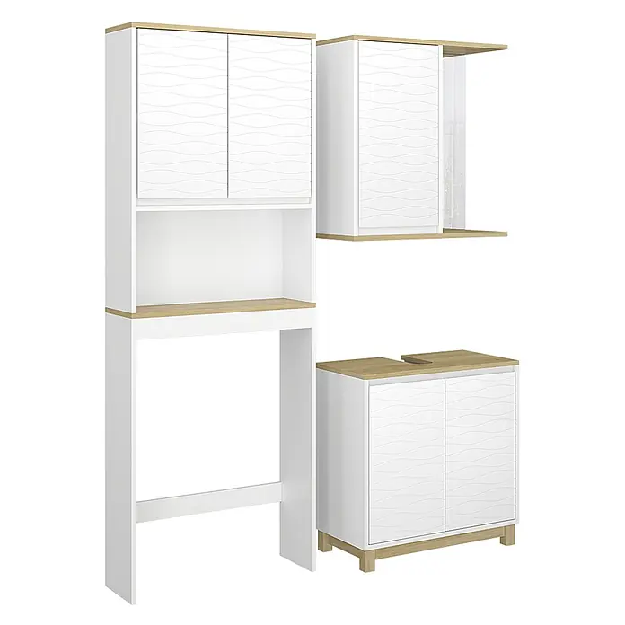 Vicco Badmöbel-Set Livia Weiß/Eiche 3 Teile - Weiß, Matt - Weißes Badmöbelset mit heller Holzoptik und wellenförmigen Türen, inkl. Überbau, Hängeschrank und Waschbeckenunterschrank.