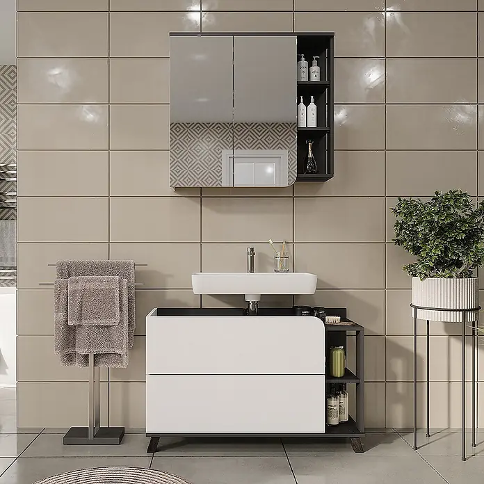 Vicco Badmöbel-Set Karen Anthrazit/Weiß 2 Teile - Anthrazit, Matt - Moderner weißer Badschrank mit Waschbecken und dunkelgrauem Spiegelschrank. Bietet Stauraum.