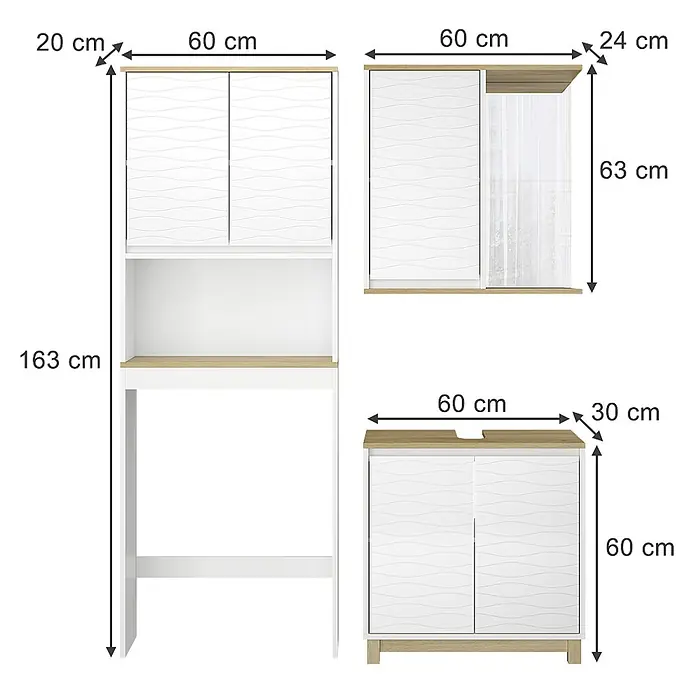 Vicco Badmöbel-Set Livia Weiß/Eiche 3 Teile - Weiß, Matt - Weißes und helles Holz Badezimmermöbelset mit Türen in Wellenstruktur, bestehend aus einem Über-WC-Schrank, einem Hängeschrank und einem Unterschrank mit Maßen.