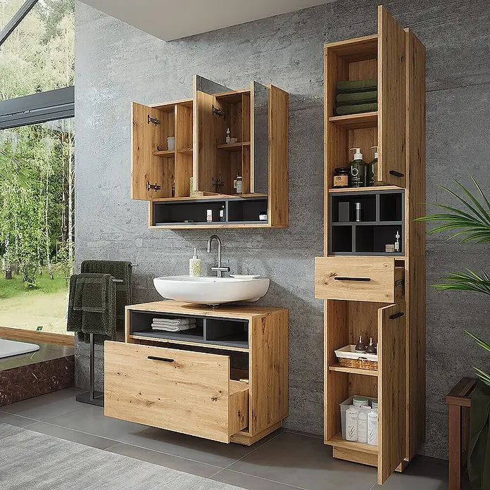 Vicco Badmöbel-Set Beatrice Artisan Eiche/Anthrazit 3 Teile mit Hochschrank - Artisan-Eiche, Matt - Modernes Badmöbel-Set aus hellem Holz mit dunkelgrauen Akzenten, bestehend aus Waschtisch, Wandschrank und Hochschrank.
