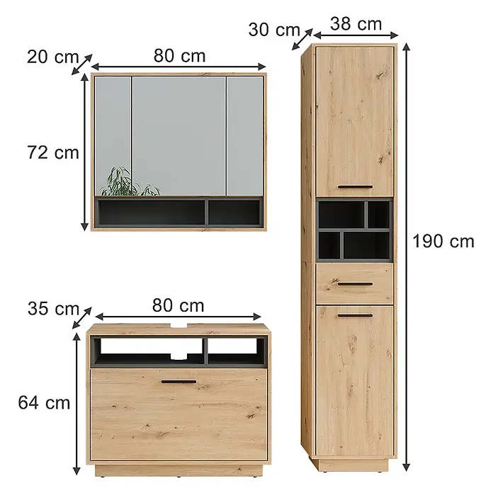 Vicco Badmöbel-Set Beatrice Artisan Eiche/Anthrazit 3 Teile mit Hochschrank - Artisan-Eiche, Matt - Set aus drei hellen Holz- und dunkelgrauen Möbelstücken: Hängeschrank, TV-Lowboard und Hochschrank, mit Maßen.