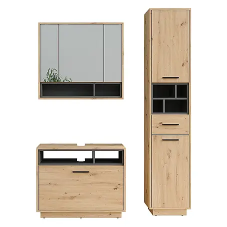 Vicco  Badmöbel-Set Beatrice Artisan Eiche/Anthrazit 3 Teile mit Hochschrank
