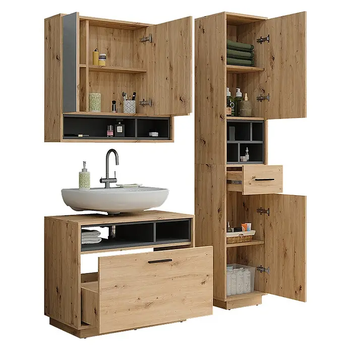 Vicco Badmöbel-Set Beatrice Artisan Eiche/Anthrazit 3 Teile mit Hochschrank - Artisan-Eiche, Matt - Badmöbelset aus Holz und Dunkelgrau mit Waschbecken, offenen Schränken und Schubladen, das Stauraum für Toilettenartikel und Handtücher zeigt.