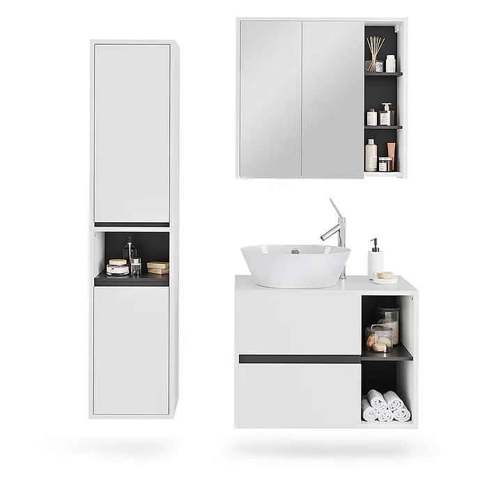 Vicco Badmöbel-Set Viola Weiß/Grau 3 Teile - Weiß, Matt - Modernes weißes Badmöbel-Set mit dunklen Akzenten, bestehend aus Waschtisch, Spiegelschrank und Hochschrank.