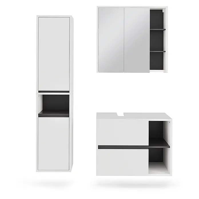 Vicco Badmöbel-Set Viola Weiß/Grau 3 Teile - Weiß, Matt - Weiß-dunkelgraues modulares Badmöbel-Set: Hochschrank, Spiegelschrank, Waschtischunterschrank.