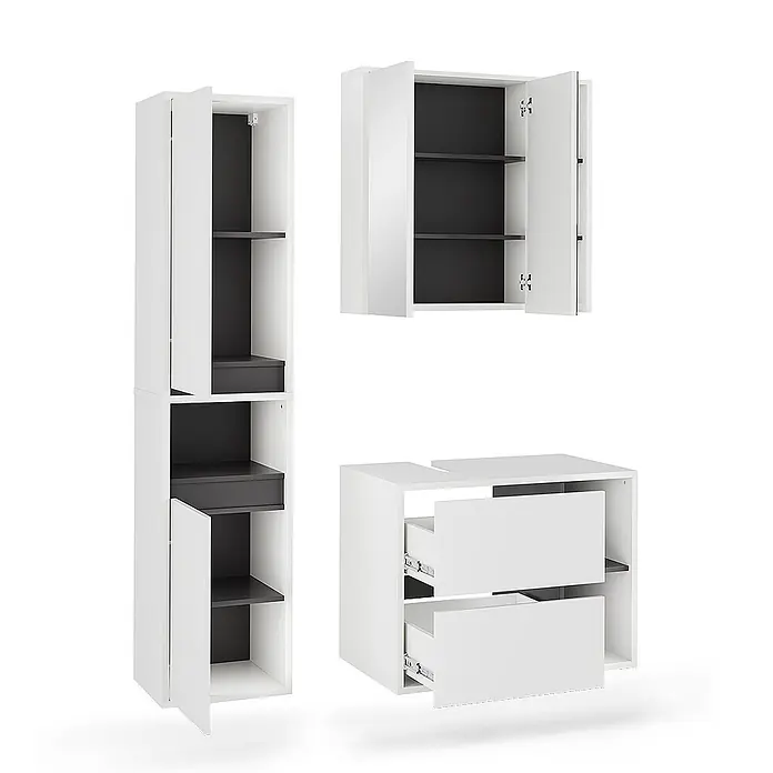 Vicco Badmöbel-Set Viola Weiß/Grau 3 Teile - Weiß, Matt - Modulares Badmöbel-Set in Weiß und Dunkelgrau mit Hochschränken, Regalen und einem Waschtischunterschrank mit Schubladen.