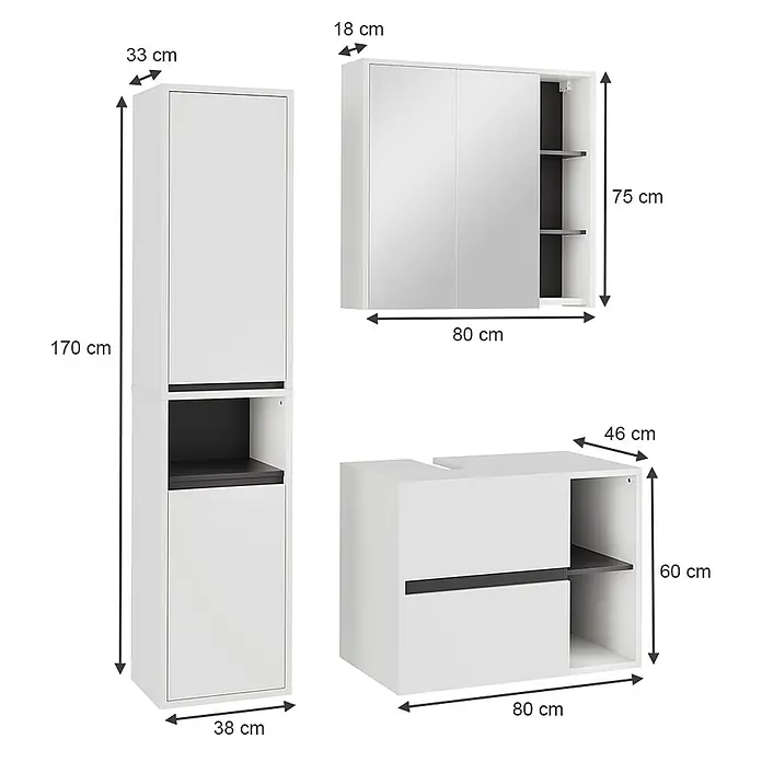 Vicco Badmöbel-Set Viola Weiß/Grau 3 Teile - Weiß, Matt - Weißes und dunkelgraues dreiteiliges Badmöbelset bestehend aus Hochschrank, Spiegelschrank und Waschtischunterschrank mit Maßen.