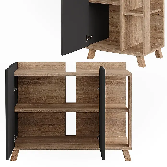 Vicco Badmöbel-Set Karen Sonoma/Anthrazit 3 Teile - Sonoma, Matt - Heller Holzschrank mit offenen schwarzen Türen, der Innenfächer und Kabeldurchführungen zeigt. Eine offene Regalsektion ist ebenfalls sichtbar.