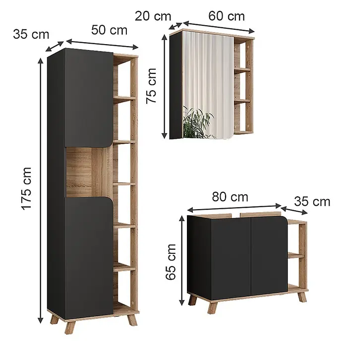 Vicco Badmöbel-Set Karen Sonoma/Anthrazit 3 Teile - Sonoma, Matt - Modulares Möbelset in Schwarz und Holzoptik mit hohem Schrank, Spiegelschrank und niedrigem Schrank, bietet offene und geschlossene Ablageflächen.