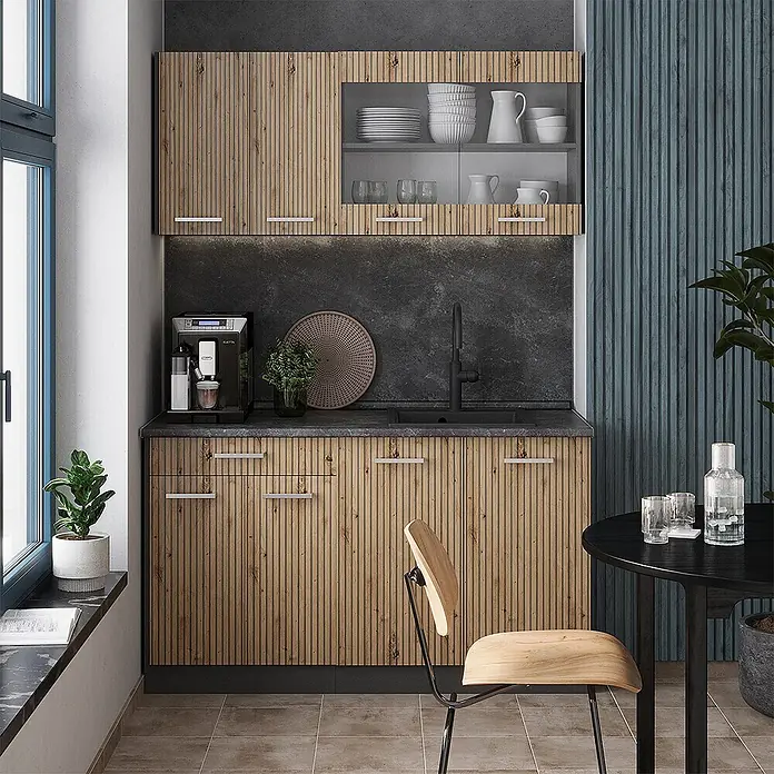 Vicco Schrankküche R-Line Artisan-Eiche 5er Set - Artisan-Eiche, Dachschrägenzeile 210cm - Moderne Küche mit hellen Holzoptik-Vertikallamellenschränken und dunkelgrauer Arbeitsplatte, inklusive Spüle und Espressomaschine.