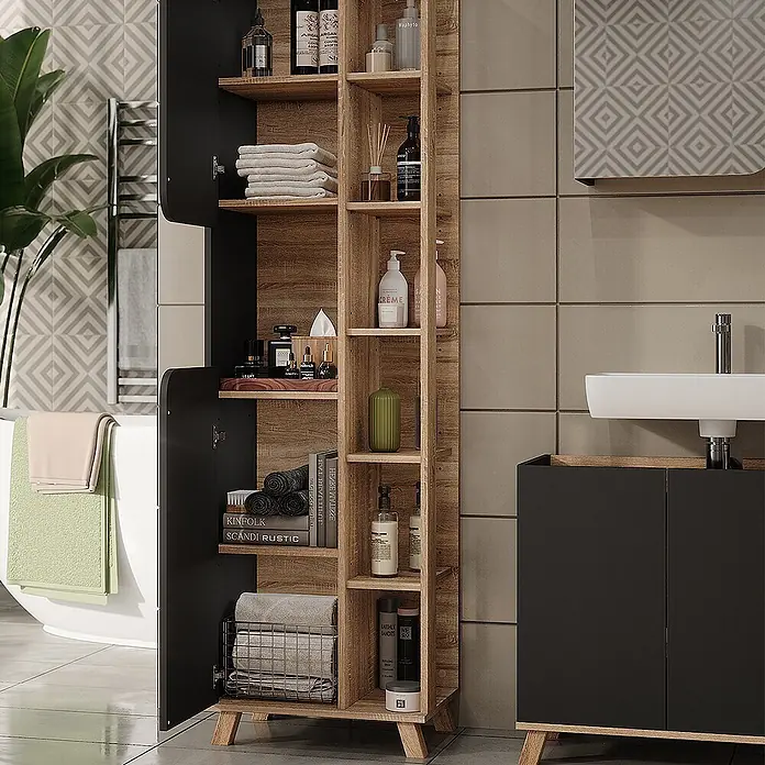 Vicco Badmöbel-Set Karen Sonoma/Anthrazit 3 Teile - Sonoma, Matt - Hoher Badezimmerschrank in Eichenoptik mit schwarzen Türen und Regalen für Toilettenartikel.
