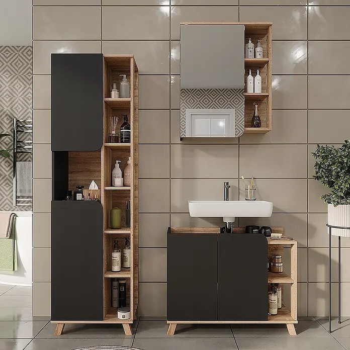 Vicco Badmöbel-Set Karen Sonoma/Anthrazit 3 Teile - Sonoma, Matt - Modernes Badmöbel-Set: schwarze Schränke mit hellen Holzregalen, inklusive Hochschrank, Spiegelschrank und Waschtischunterschrank.