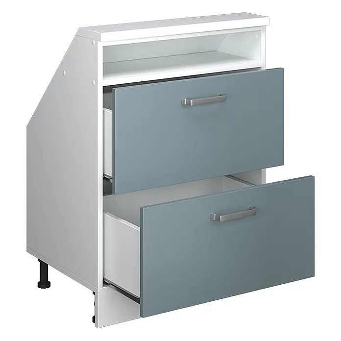 Vicco Schrankküche R-Line Blau-Grau mit 2 Schubladen - Blau-Grau, Dachschrägenschrank 60cm mit Schublade - Weiß-grauer Unterschrank mit zwei teils geöffneten blaugrauen Schubladen und offenem Fach.