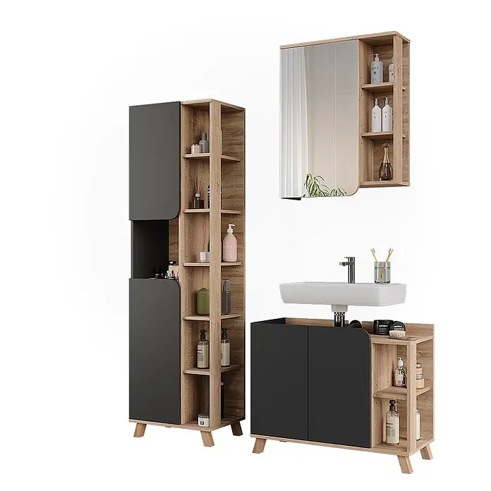 Vicco Badmöbel-Set Karen Sonoma/Anthrazit 3 Teile - Sonoma, Matt - Modernes Badmöbelset: Hochschrank, Waschtischunterschrank mit dunkelgrauen Türen und offene Holzoptik-Regale, plus Spiegelschrank.