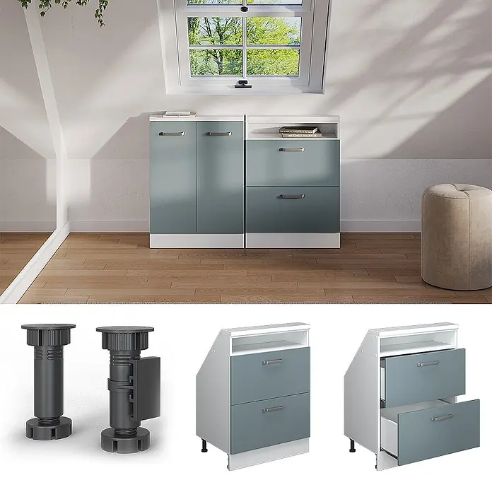 Vicco Schrankküche R-Line Blau-Grau mit 2 Schubladen - Blau-Grau, Dachschrägenschrank 60cm mit Schublade - Zwei blau-graue und weiße modulare Aufbewahrungsschränke mit schrägen Oberseiten, einer mit Türen, der andere mit Schubladen, für Dachschrägen.