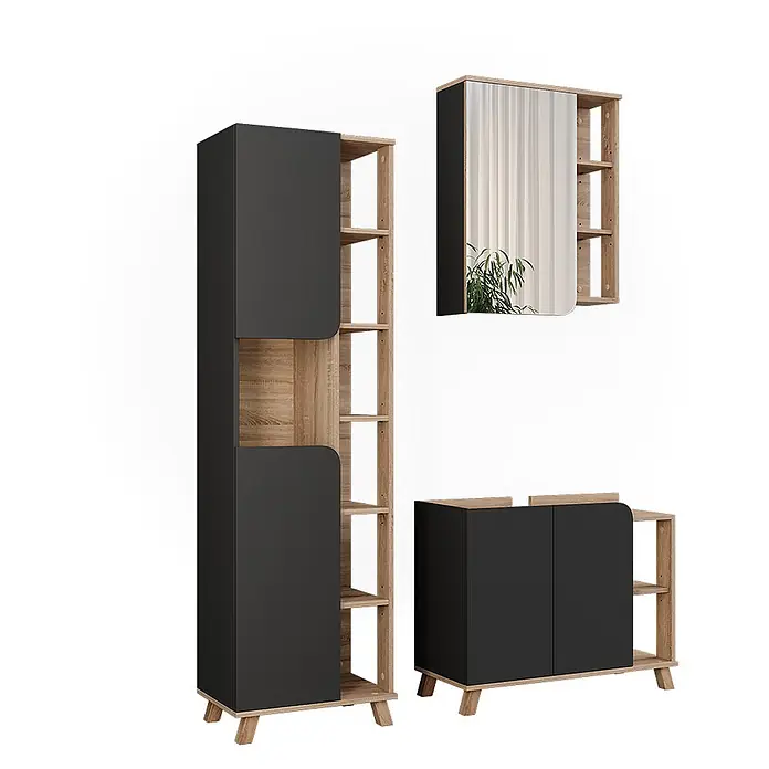 Vicco Badmöbel-Set Karen Sonoma/Anthrazit 3 Teile - Sonoma, Matt - Modulares Möbelset: hoher und niedriger Schrank, Spiegel-Hängeschrank. Dunkelgraue Fronten mit abgerundeten Kanten und hellem Holz, offenen Regalen.