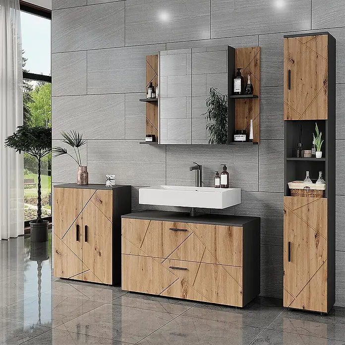 Vicco Badmöbel-Set Irma Anthrazit/Artisan 3 Teile - Anthrazit, Matt - Modernes Badezimmermöbel-Set mit geometrischem Holzdesign, dunkelgrauen Akzenten und weißem Waschbecken.